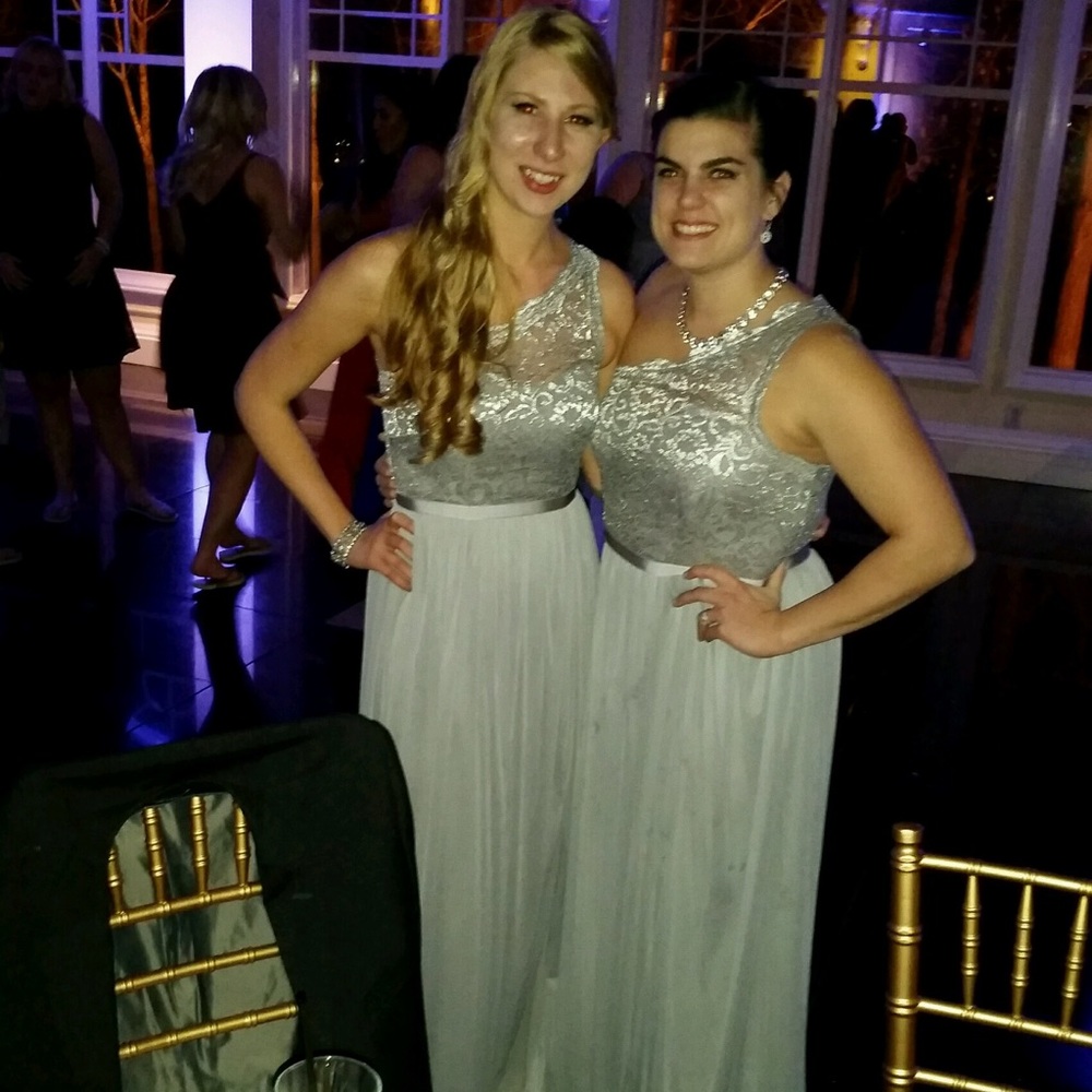 Davids bridal long silver lace bridesmaid dress